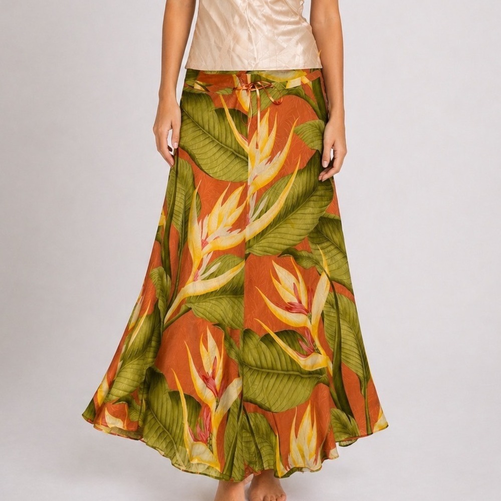 Tommy Bahama Women 100% Silk Maxi Skirt Tropical Bird of Paradise 4 Vibrant